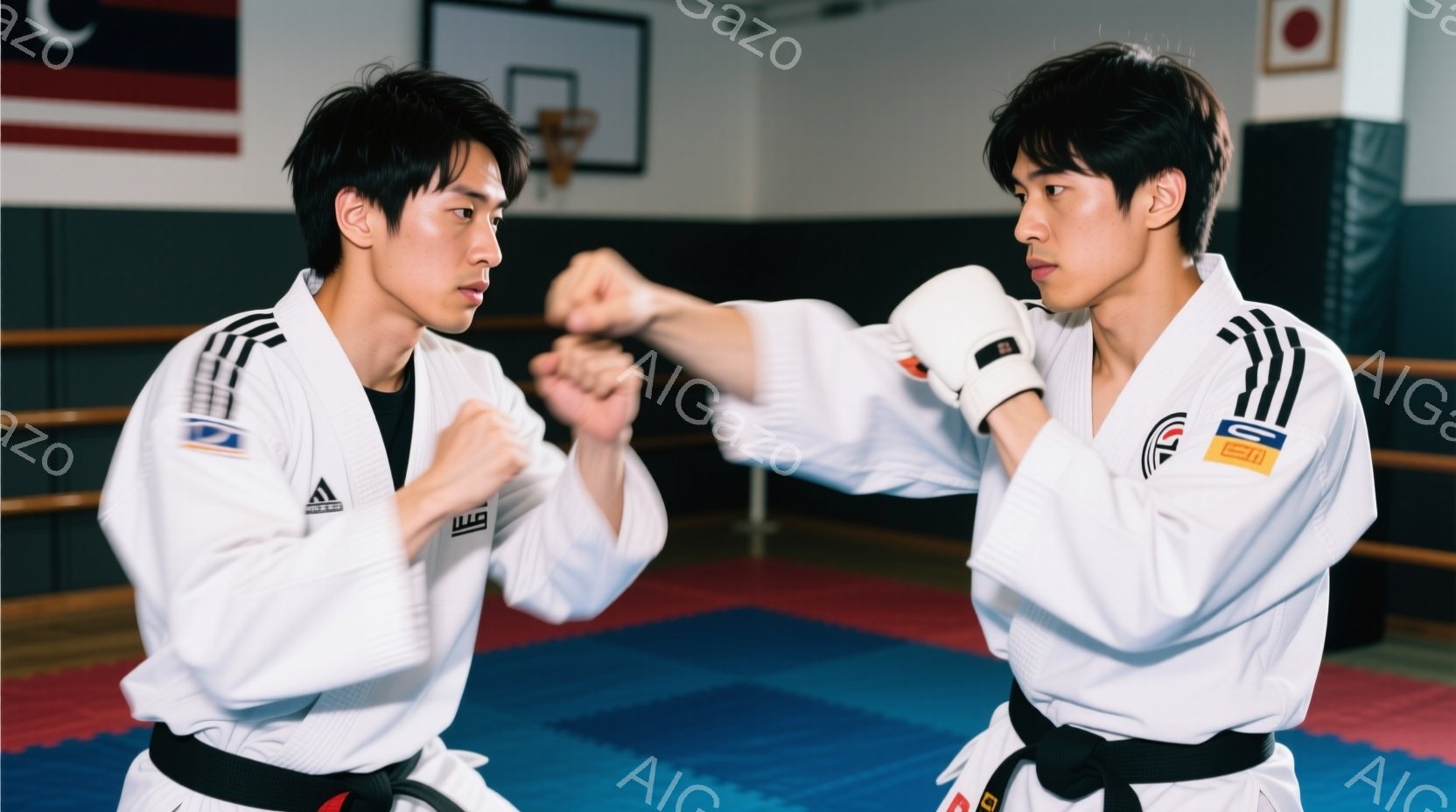 筋肉質な男性が、UFCチャンピオンベルトを両手で高く掲げ、満面の笑みを浮かべている。彼は黒いショーツを着用し、短く整えられた黒髪が特徴的で、興奮と勝利の雰囲気に包まれている。背景には観客席が広がり、ライトに照らされたUFCのリングで、勝利の瞬間を捉えた写真である。