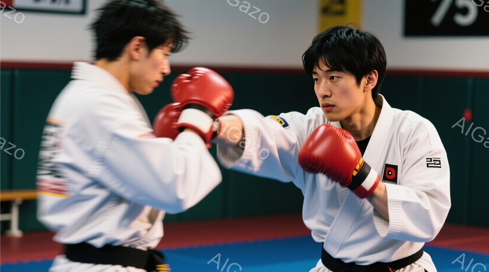 空手着を着た若い男性が、赤いボクシンググローブを着用し、相手に向けて右ストレートを繰り出している様子が写っている。彼の表情は真剣で、集中していることが伺える。背景は柔道場のような室内で、青いマットとぼ - AI生成フリー素材