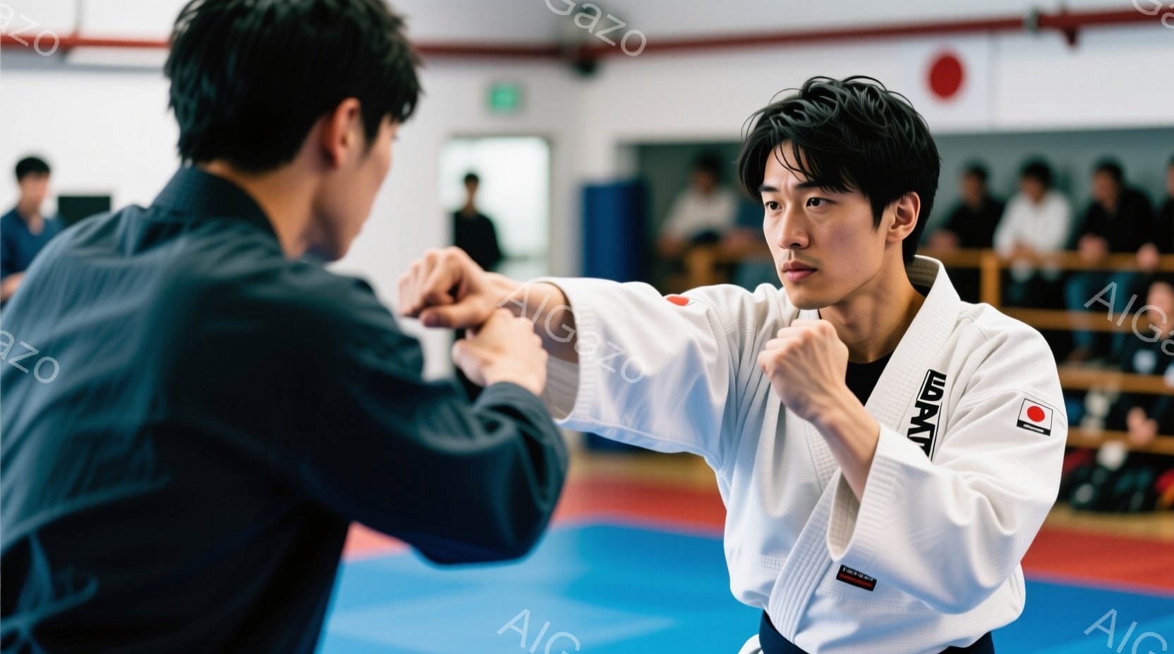 空手着を着た若い男性が、相手に向かって構えを取っています。白い空手着に黒帯、短く整えられた黒髪、そして真剣な表情が印象的です。背景には柔道場のような空間が広がり、他の練習生たちが座っているのが見えます - AI生成フリー素材