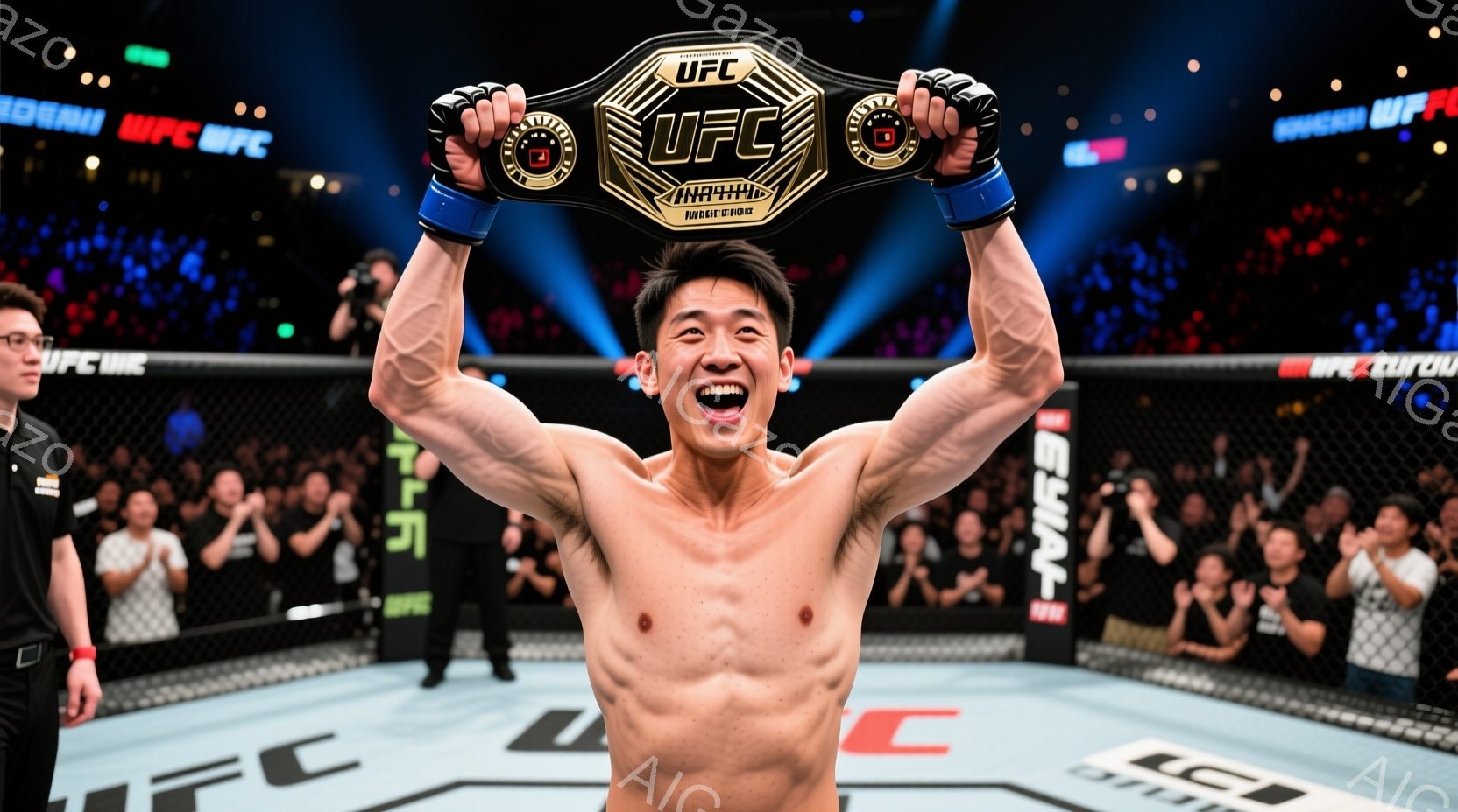 筋肉質な男性がリング中央で両手を高く上げ、勝利を喜んでいる様子が写っている。彼は上半身裸で、黒いグローブとショーツを着用し、顔には興奮と喜びが表れている。背景には観客席が見え、リングのロープにはUFCのロゴが繰り返し表示されている。
