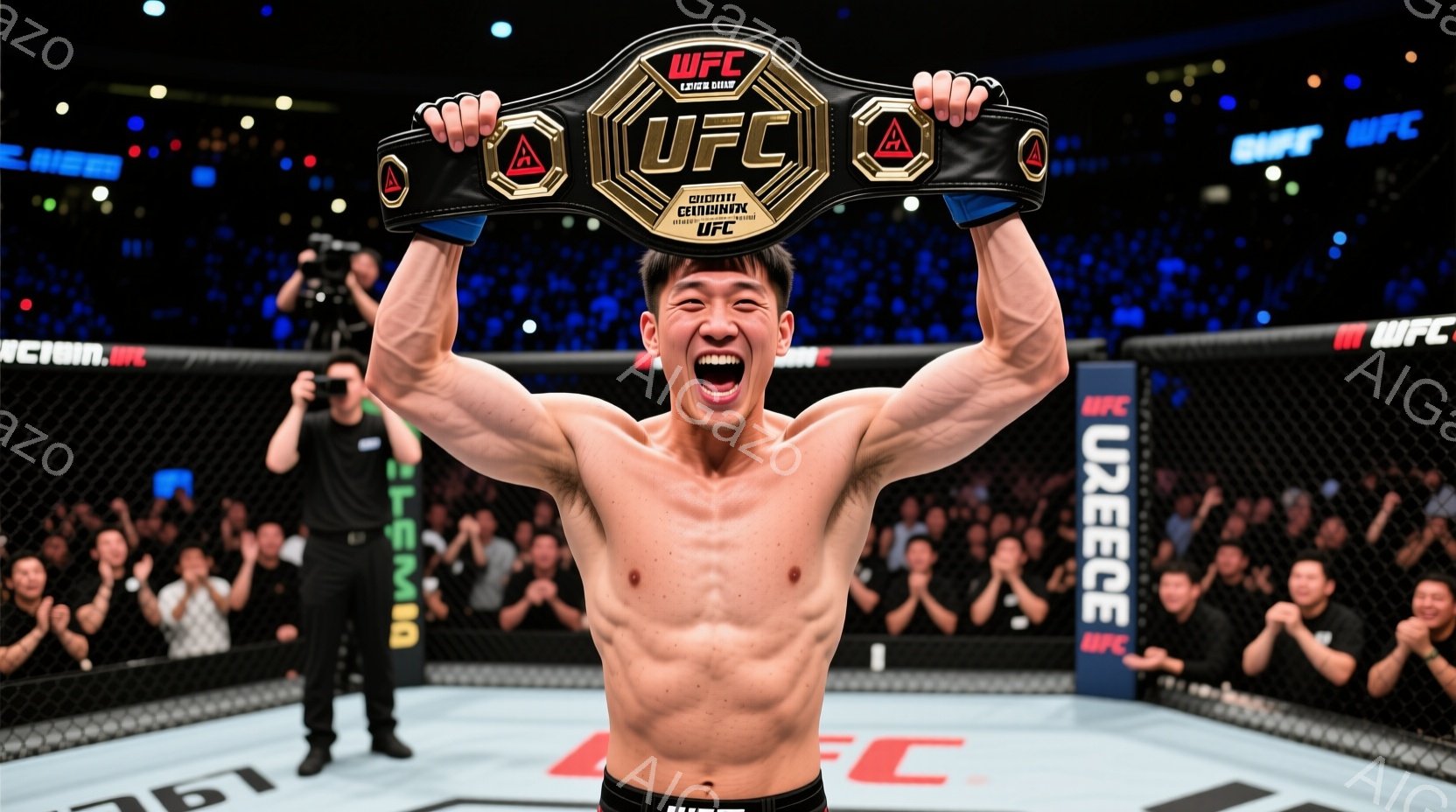 勝利した柔術家が、UFCチャンピオンベルトを両手で高く掲げ、満面の笑みを浮かべている。彼は上半身裸で黒いショーツを着用し、短く整えられた黒髪が特徴的だ。背景には観客席が広がり、歓声が聞こえてきそうな熱狂的な雰囲気である。