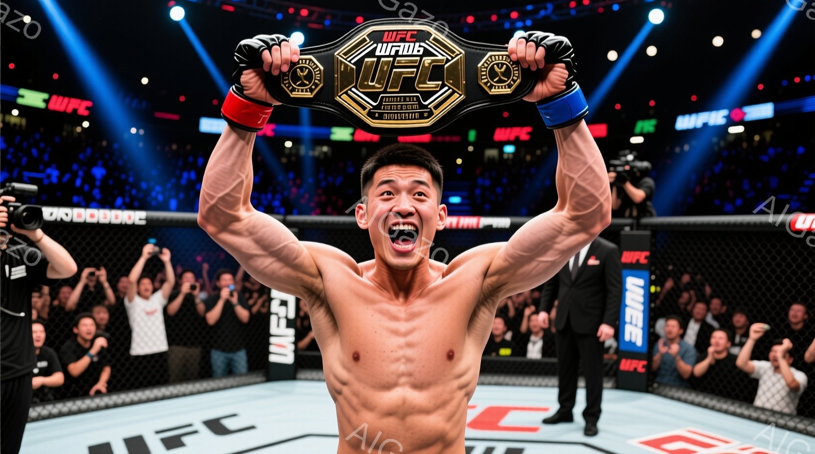 リング中央で両手を高く挙げ、歓喜する男性格闘家を捉えています。彼は上半身裸で、鍛え上げられた筋肉質な体つきを見せ、勝利のベルトを誇らしげに掲げています。背景には観客席が広がり、ライトアップされたリングと熱狂的な雰囲気が伝わってきます。