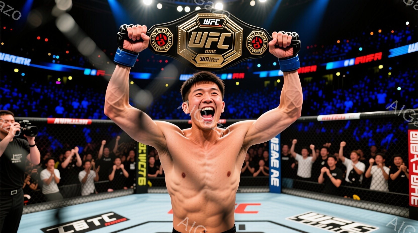 筋肉質な男性が、UFCチャンピオンベルトを両手で高く掲げ、満面の笑みを浮かべている。彼は上半身裸で、短髪、力強い表情で、観客席の熱狂的な観客を背景に勝利を祝っている。リングは暗く、ライトがスポットライトのように彼に当たっており、勝利の興奮と高揚感が伝わる。