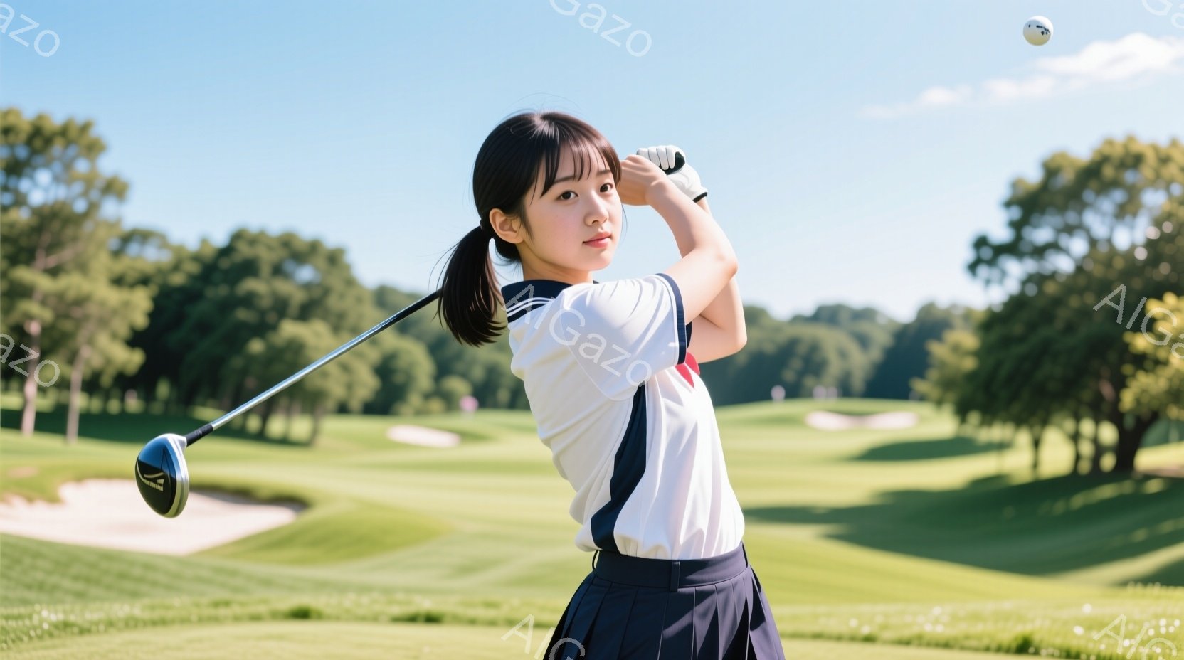 若い女性ゴルファーが、ゴルフコースでスイングしている様子が写っている。彼女は白いポロシャツに紺色のスカートを着用し、髪はポニーテールに結んでいる。背景には緑豊かなゴルフコースが広がり、晴天の下、爽やか - AI生成フリー素材