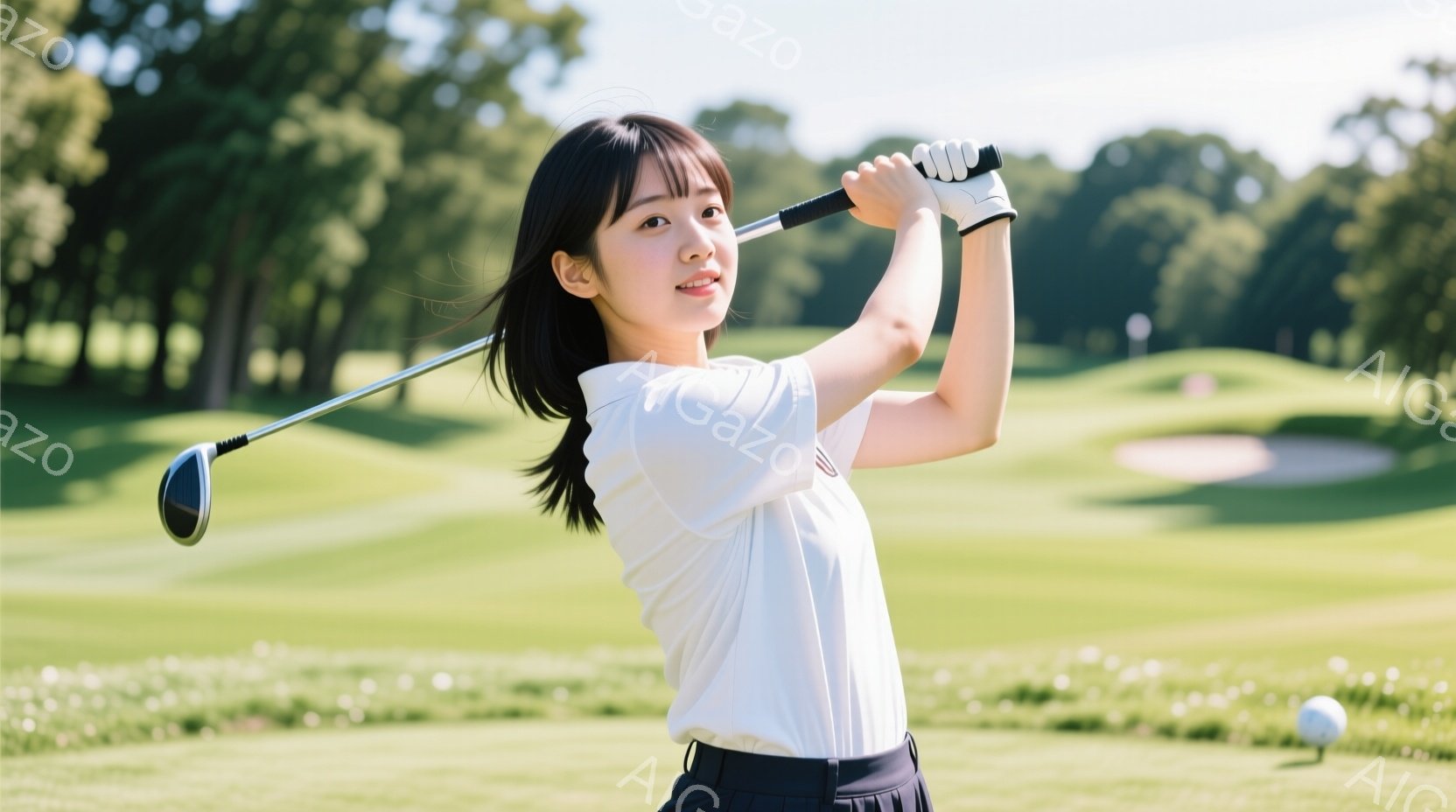 若い女性がゴルフスイングをしている写真です。白いTシャツと黒いスカートを身に着け、髪は後ろでポニーテールにまとめています。背景には緑豊かなゴルフコースが広がり、晴天の下で爽やかな雰囲気が漂っています。 - AI生成フリー素材