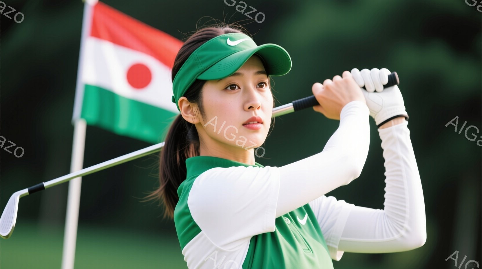 ゴルファーの女性が、スイングの最中に写っている。緑と白の長袖シャツと帽子を着用し、ポニーテールに髪をまとめて、集中した表情をしている。背景には緑豊かなゴルフコースが広がり、晴天の下で競技に臨んでいる様子が伝わる。