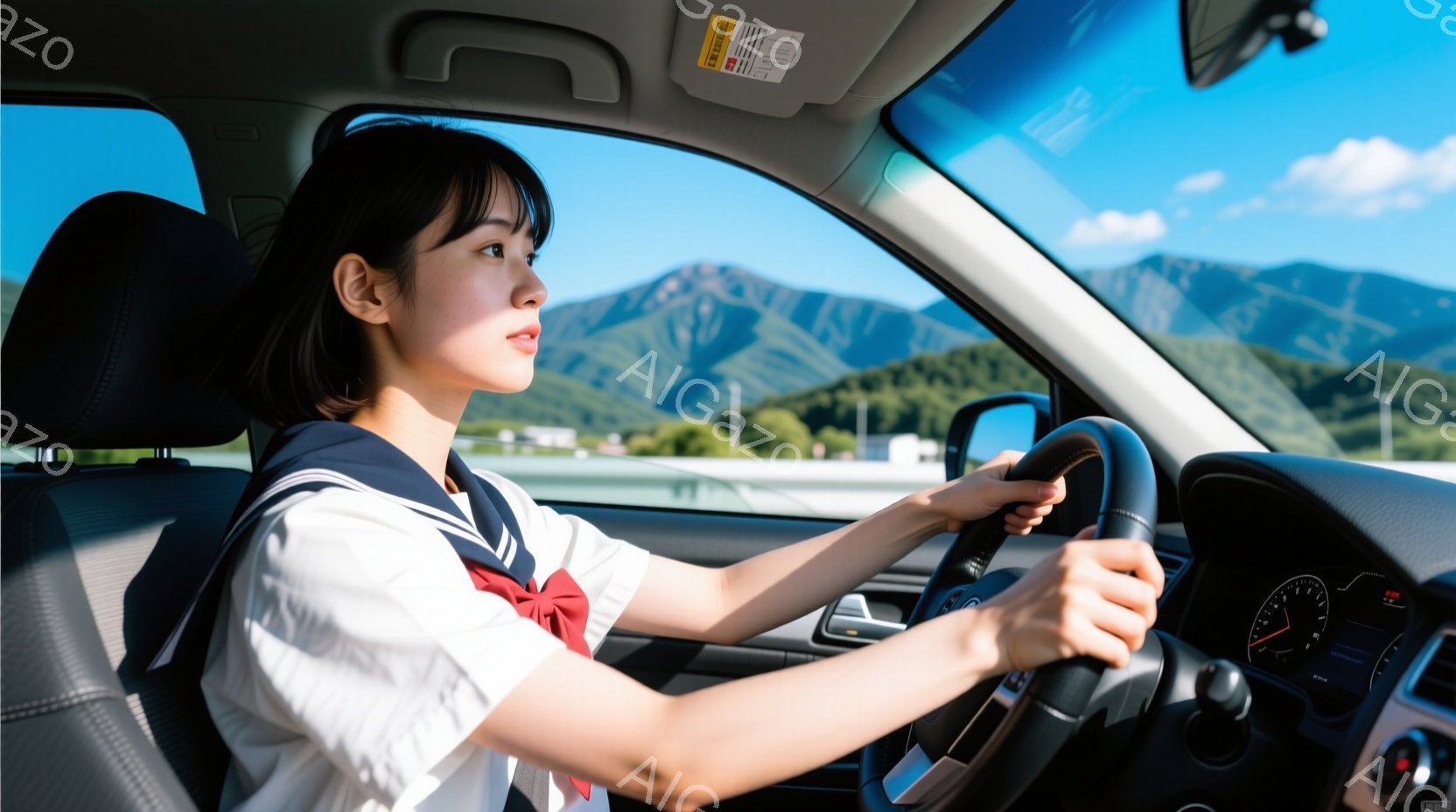 制服姿の若い女性が運転席に座り、ハンドルを握って運転しています。彼女は短髪で、前髪が少し横に流れており、真剣な表情で前方を凝視しています。背景には緑豊かな山々が広がり、晴天の下、開放的なドライブを楽し - AI生成フリー素材