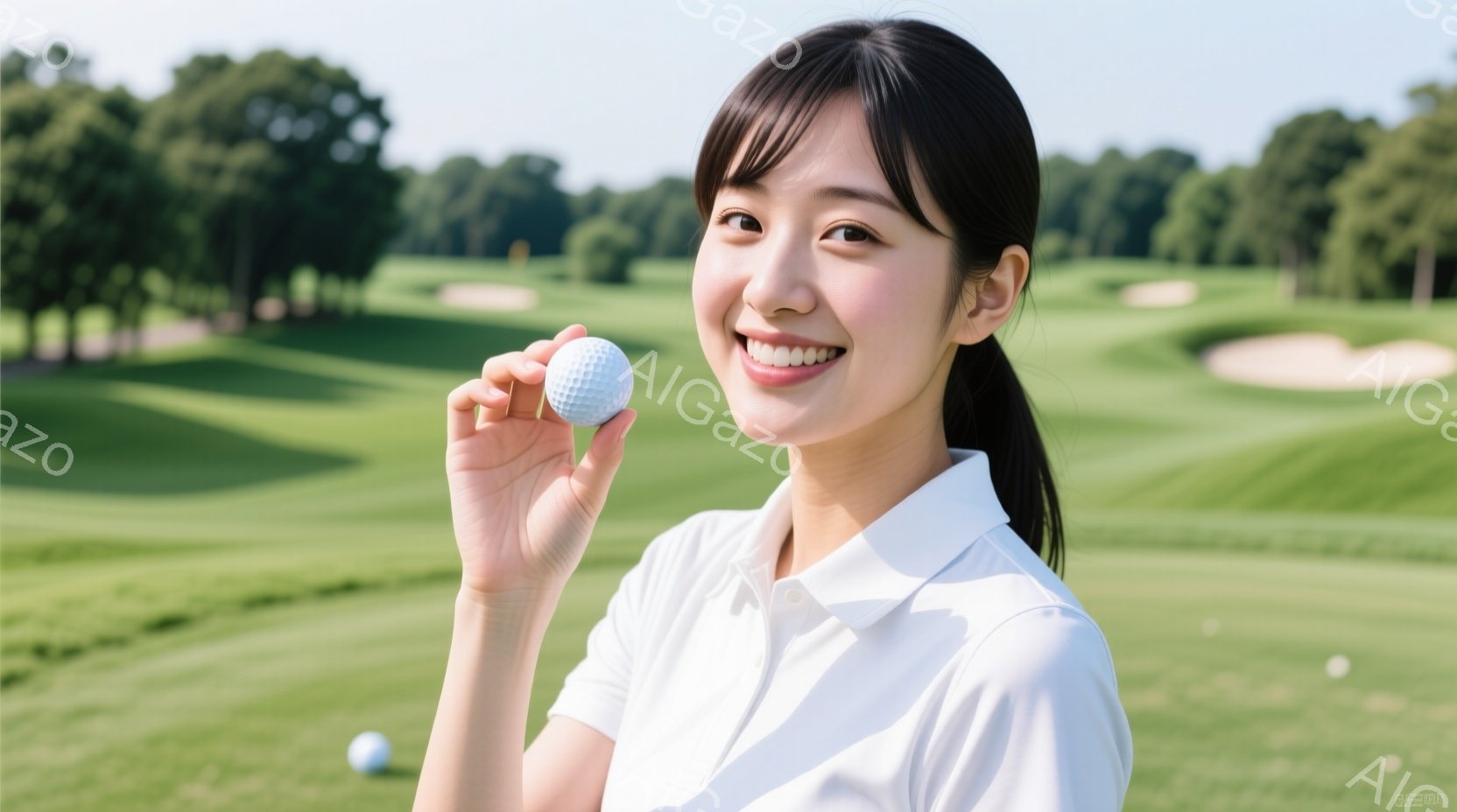 白いポロシャツを着た若い女性が、ゴルフボールを手に笑顔でこちらを見ている。背景は緑豊かなゴルフコースで、晴天の下、青々とした芝生と木々が広がっている。全体的に明るく爽やかな雰囲気で、女性の笑顔が印象的だ。