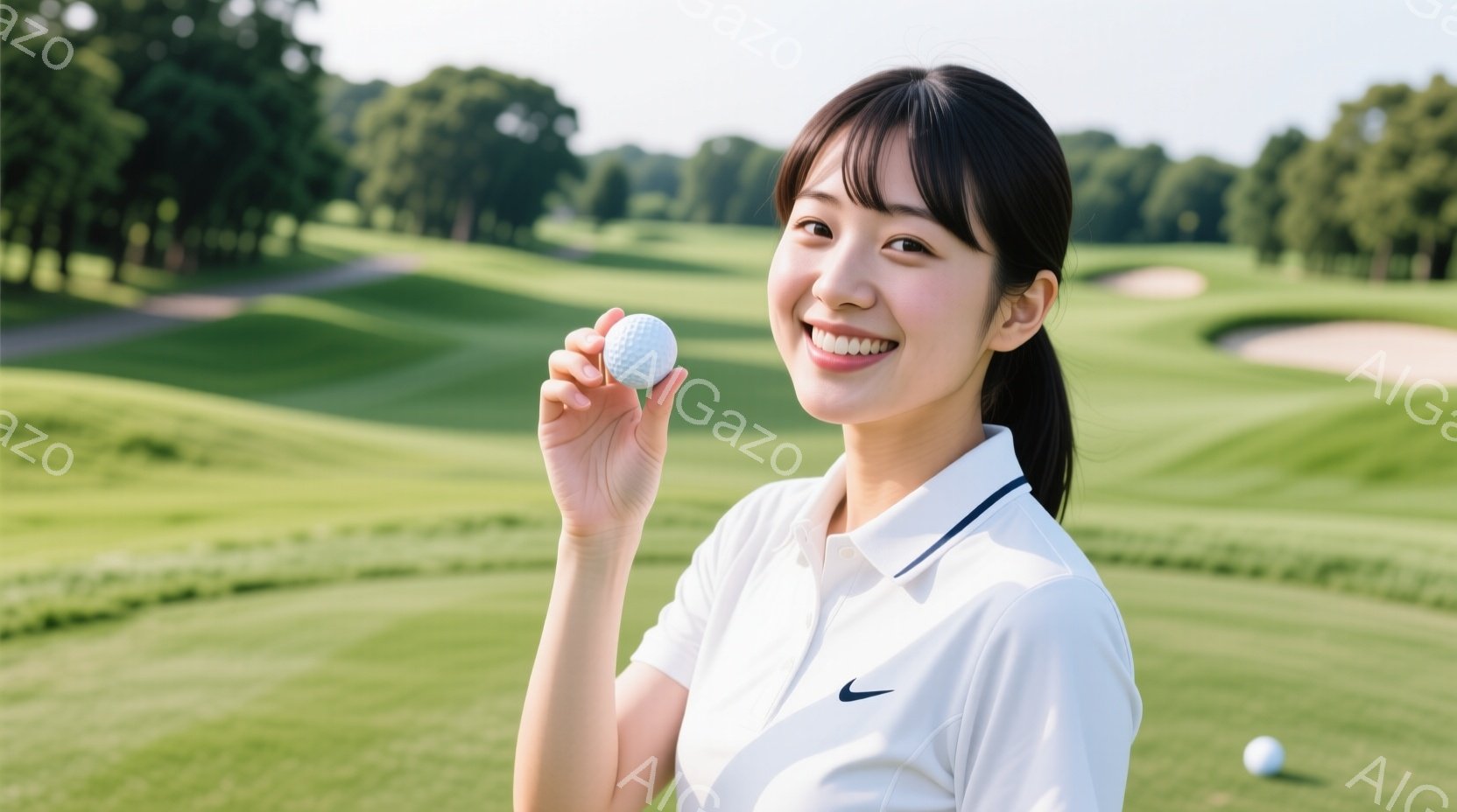 ゴルフ練習場の若い女性がスイングをしている写真です。紺色のスカートと白いシャツ、スニーカーを着用し、髪は後ろで一つに結んでいます。夕焼けの背景にはゴルフボールが散らばり、練習場の緑の芝生と設備が広がっ - AI生成フリー素材