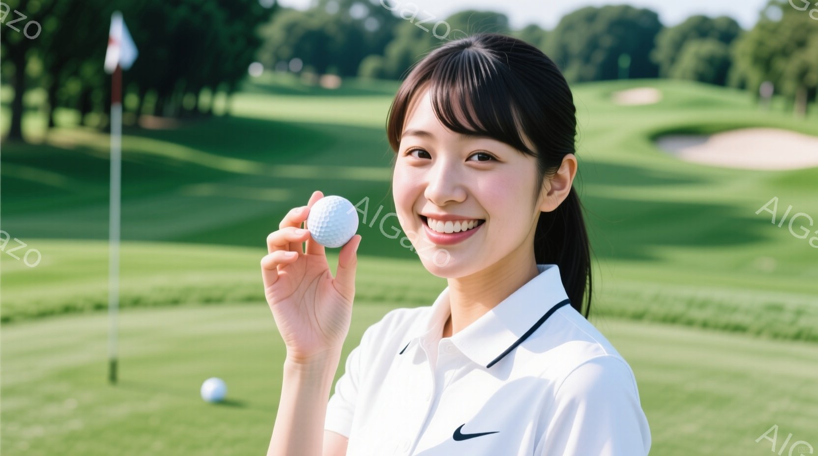 女性はゴルフボールを手に持ち、満面の笑顔を浮かべている。白い襟付きのポロシャツに身を包み、髪は後ろでポニーテールに結んでいる。背景には緑豊かなゴルフコースが広がり、青空の下、穏やかな陽気に包まれている - AI生成フリー素材