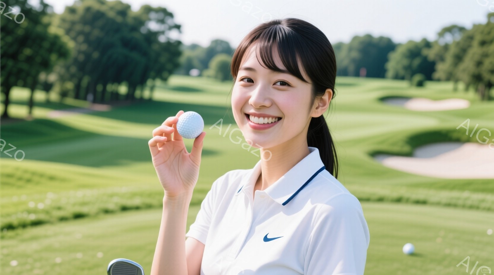 白いポロシャツに、濃い緑色の襟がアクセントになっている女性が写っています。彼女はゴルフボールを片手に持ち、満面の笑顔を浮かべています。背景には緑豊かなゴルフコースが広がり、晴天の下、明るく爽やかな雰囲 - AI生成フリー素材