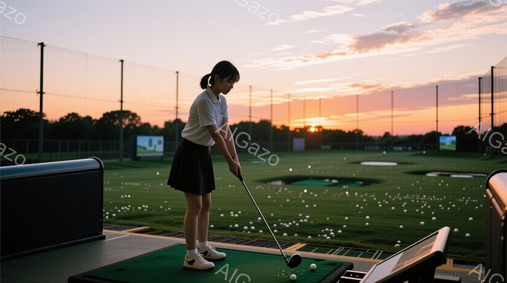 ゴルフ練習場にいる若い女性が、スイングの体勢に入っている様子が写っている。紺色のスカートと白いシャツ、白いスニーカーを身に着け、髪は後ろで一つに結んでいる。背景には夕焼けが広がり、ゴルフボールが散らばる緑のフェアウェイと、ネットに囲まれた練習場が広がっている。