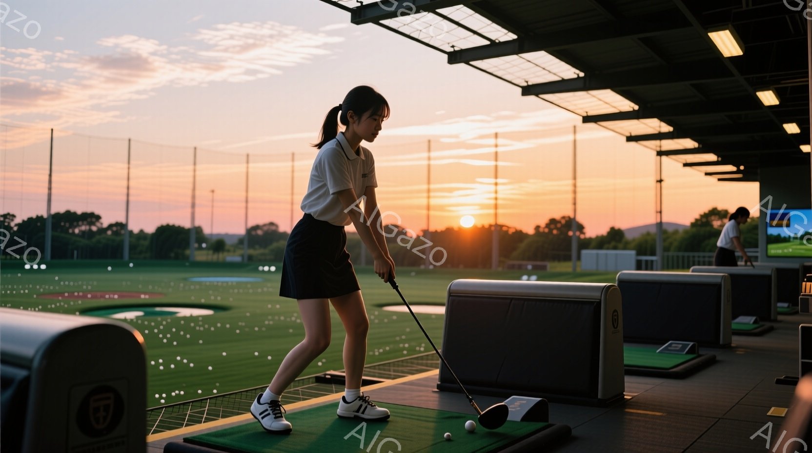 屋内ゴルフ練習場の女性が、ゴルフスイングをしている様子が写っています。彼女は白いシャツに黒いスカート、スニーカーを履き、髪は後ろでポニーテールにしています。背景には、夕焼けの空と緑豊かな自然が広がり、練習場の構造と相まって、落ち着いた雰囲気を作り出しています。