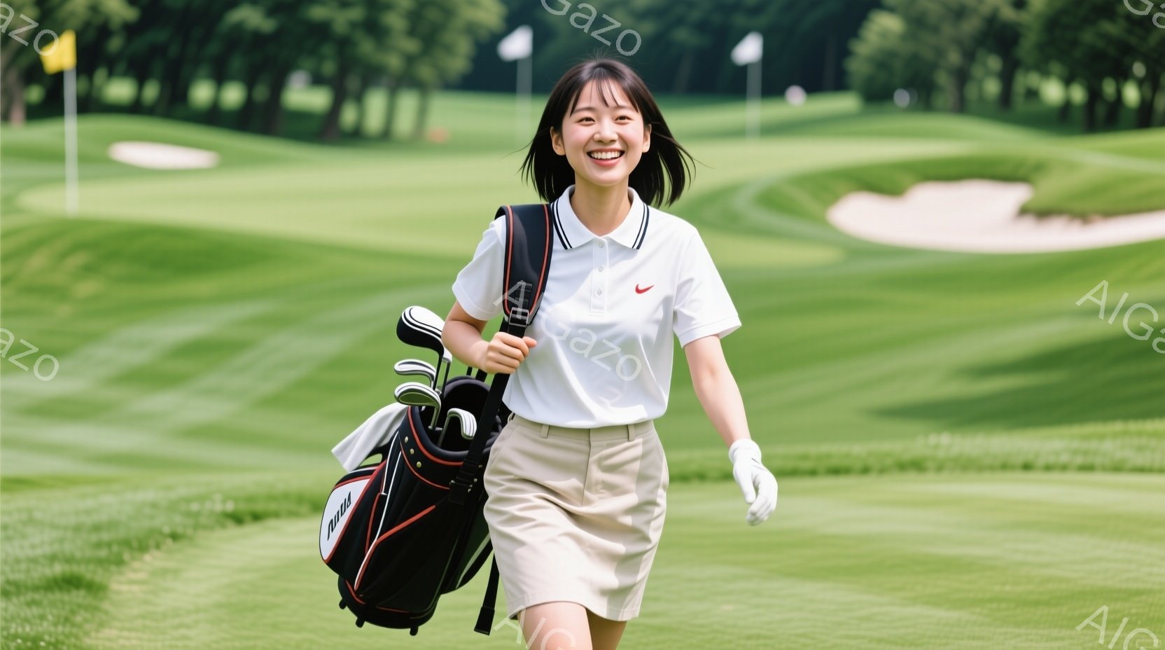 若い女性がゴルフ場を歩いている様子が写っている。白いポロシャツにベージュのスカート、片手にゴルフグローブを着用し、笑顔でこちらを見ている。背景には緑豊かなゴルフコースが広がり、晴天の空の下、爽やかな雰 - AI生成フリー素材
