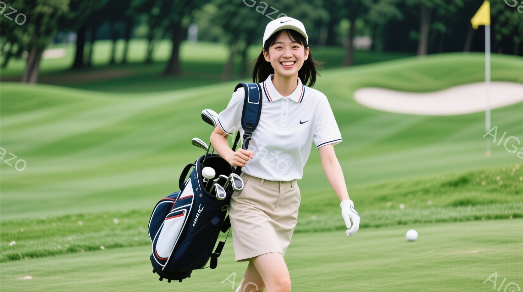 若い女性ゴルファーが、青々としたゴルフ場のフェアウェイを歩いている。白い襟付きのシャツにベージュのスカート、そしてゴルフウェアに合う白い手袋とシューズを着用し、明るい笑顔を見せている。背景には緑豊かな芝生と木々が広がり、晴天の下でゴルフを楽しんでいる様子が伝わる。