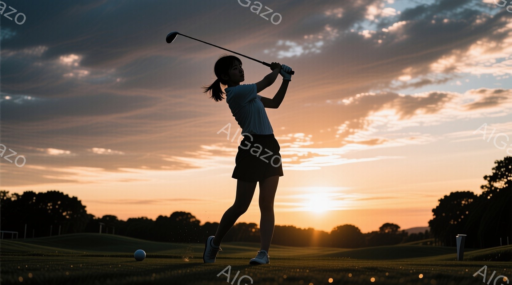オレンジ色の夕焼けを背景に、女性ゴルファーがスイングしている姿が捉えられています。彼女は白いシャツと黒いスカートを身につけ、髪をポニーテールにしています。ゴルフボールが空中に舞い上がり、緑の芝生と遠くの木々がシルエットとして見え、穏やかで美しい雰囲気が漂っています。