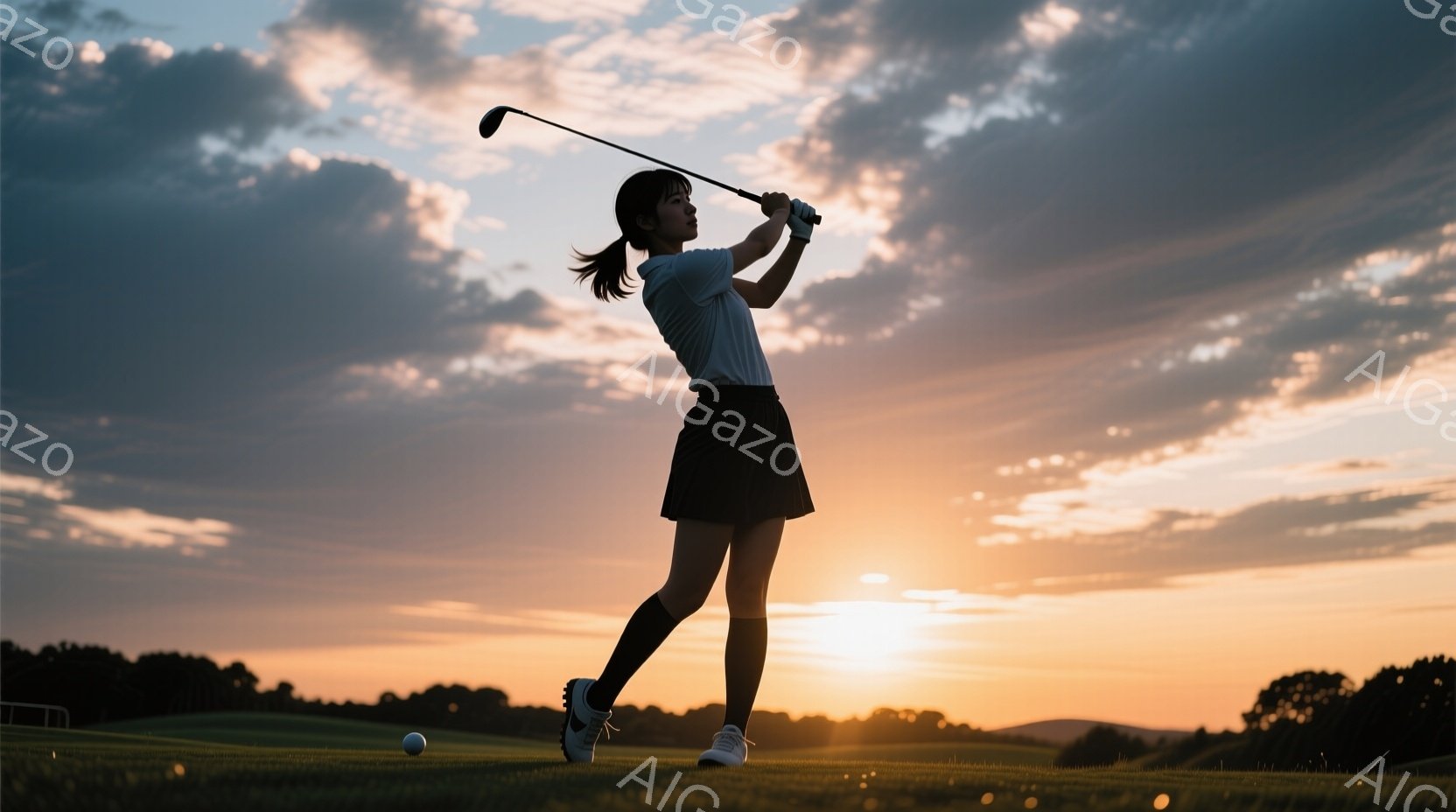 白いポロシャツに濃い紺色のズボンを着用した若い女性が、ゴルフ場で歓喜の姿勢をとっています。彼女は両腕を高く上げ、満面の笑みを浮かべ、ゴルフクラブをしっかりと握っています。背景には緑豊かなゴルフコースが - AI生成フリー素材