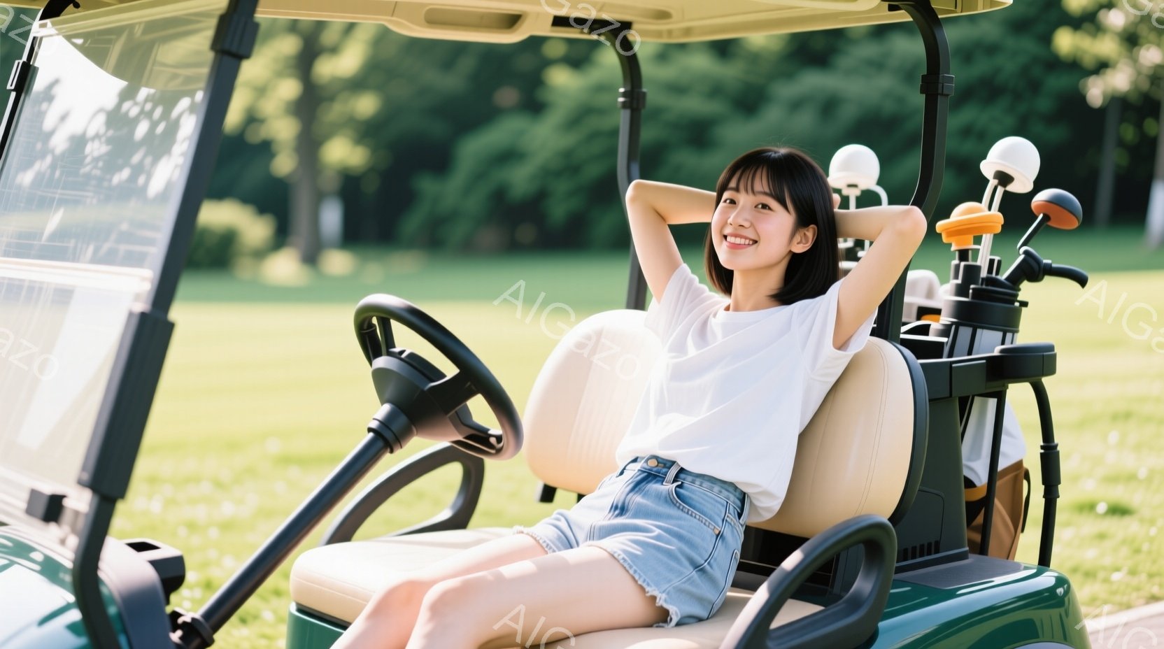 短い髪の女性がゴルフカートのシートに深く腰掛け、両手を頭の後ろに組んでリラックスした様子で微笑んでいます。白いTシャツとデニムショートパンツというカジュアルな服装で、背景には緑豊かなゴルフコースと穏や - AI生成フリー素材