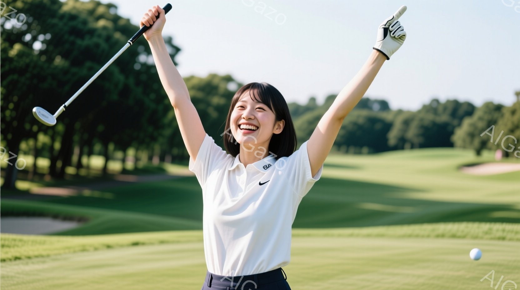 若い女性ゴルファーが、ゴルフコース上で両腕を高々と上げ、満面の笑みを浮かべている。白いポロシャツに濃い紺色のパンツ、そしてゴルフグローブを着用しており、黒髪を耳にかけたヘアスタイルは爽やかさを演出している。背景には緑豊かなゴルフコースが広がり、晴天の下、勝利の喜びを表現した躍動感のある一枚である。