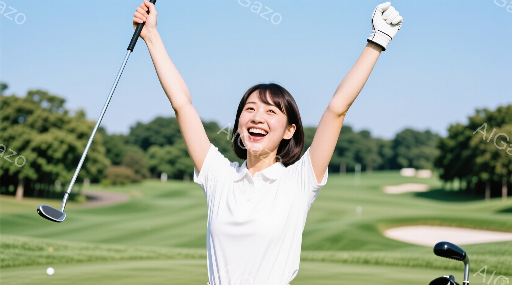 女性はゴルフコースでクラブを高く掲げ、満面の笑みを浮かべている。白のポロシャツに短い茶髪で、喜びと興奮に満ちた表情を見せている。背景には緑豊かなゴルフコースが広がり、晴天の下、爽やかな雰囲気が漂ってい - AI生成フリー素材