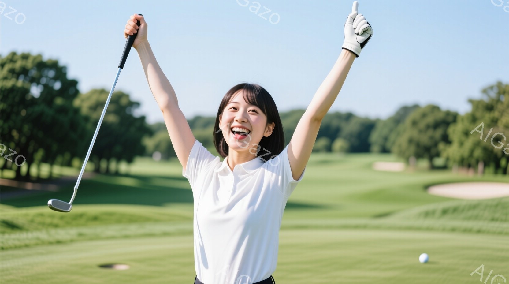 白いポロシャツに黒いスカートを着用した女性が、ゴルフクラブを高く掲げ、満面の笑顔で喜んでいます。背景には緑豊かなゴルフコースが広がり、青空の下、晴天の様子が伺えます。彼女の姿勢は勝利を表現しており、活 - AI生成フリー素材