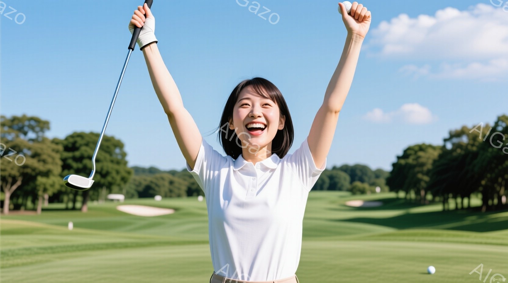 若い男性がゴルフのスイングをしている様子が写っている。白のポロシャツに黒のズボン、ゴルフシューズを身につけ、髪は短く整えられている。背景には緑豊かなゴルフコースが広がり、天候は晴れで、ゴルフ場の砂場か - AI生成フリー素材