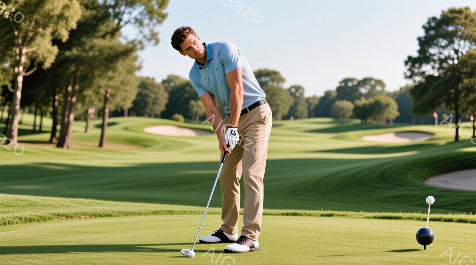ゴルフ場にて、男性がパットをしている様子が写っている。彼は、水色のポロシャツとベージュのパンツを着用し、黒と白のゴルフシューズを履いている。背景には緑豊かなゴルフコースが広がり、晴天の下、穏やかな雰囲気である。