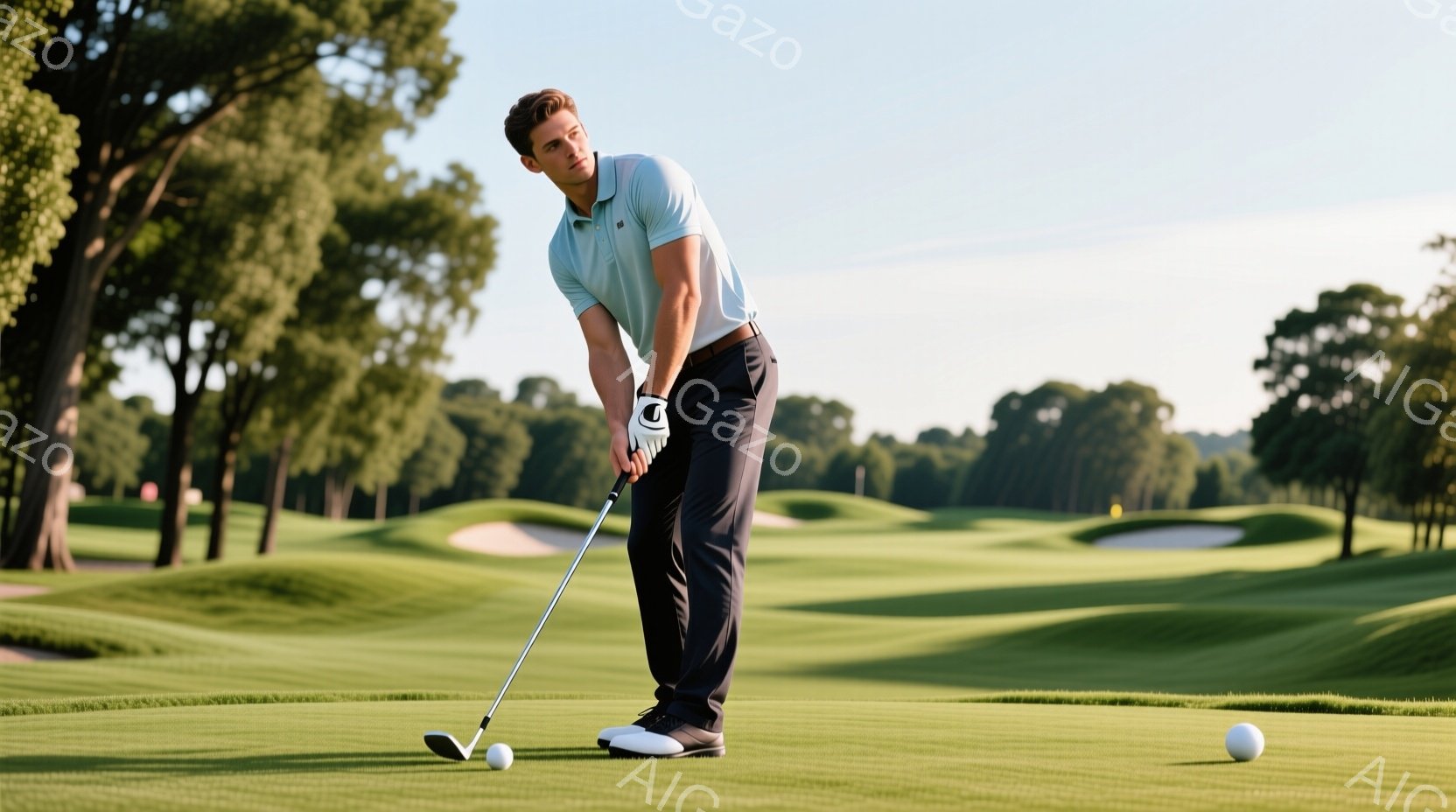 ゴルフ場にて、若い男性がゴルフのショットを打つ瞬間を捉えた写真です。彼は明るい水色のポロシャツ、濃いグレーのズボン、黒のゴルフシューズを着用し、左手にゴルフグローブをはめています。背景には緑豊かなゴルフコースが広がり、晴天の下、穏やかな雰囲気が漂っています。