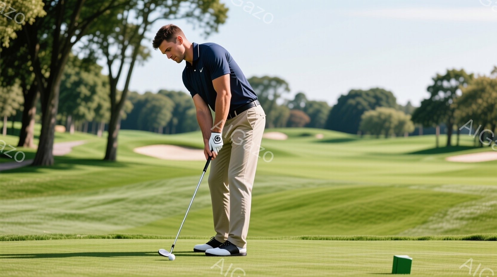 ゴルフ選手がグリーン上でパッティングの準備をしている様子が写っている。彼は紺色のポロシャツにベージュ色のズボン、黒と白のゴルフシューズを着用し、集中した表情で前かがみになり、クラブを握っている。背景には緑豊かなゴルフコースが広がり、晴天の下、穏やかな雰囲気が漂っている。