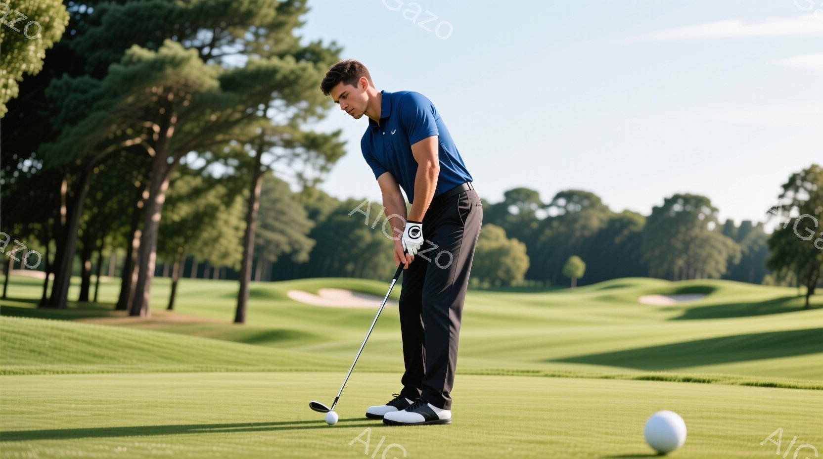 ゴルフ選手が緑豊かなゴルフコースでパットをしている様子が写っています。彼は濃い青のポロシャツと黒いズボンを着用し、集中した表情で、クラブを構え、ボールを見つめています。背景には松の木が立ち並び、青空が広がり、穏やかな晴天の日であることがわかります。