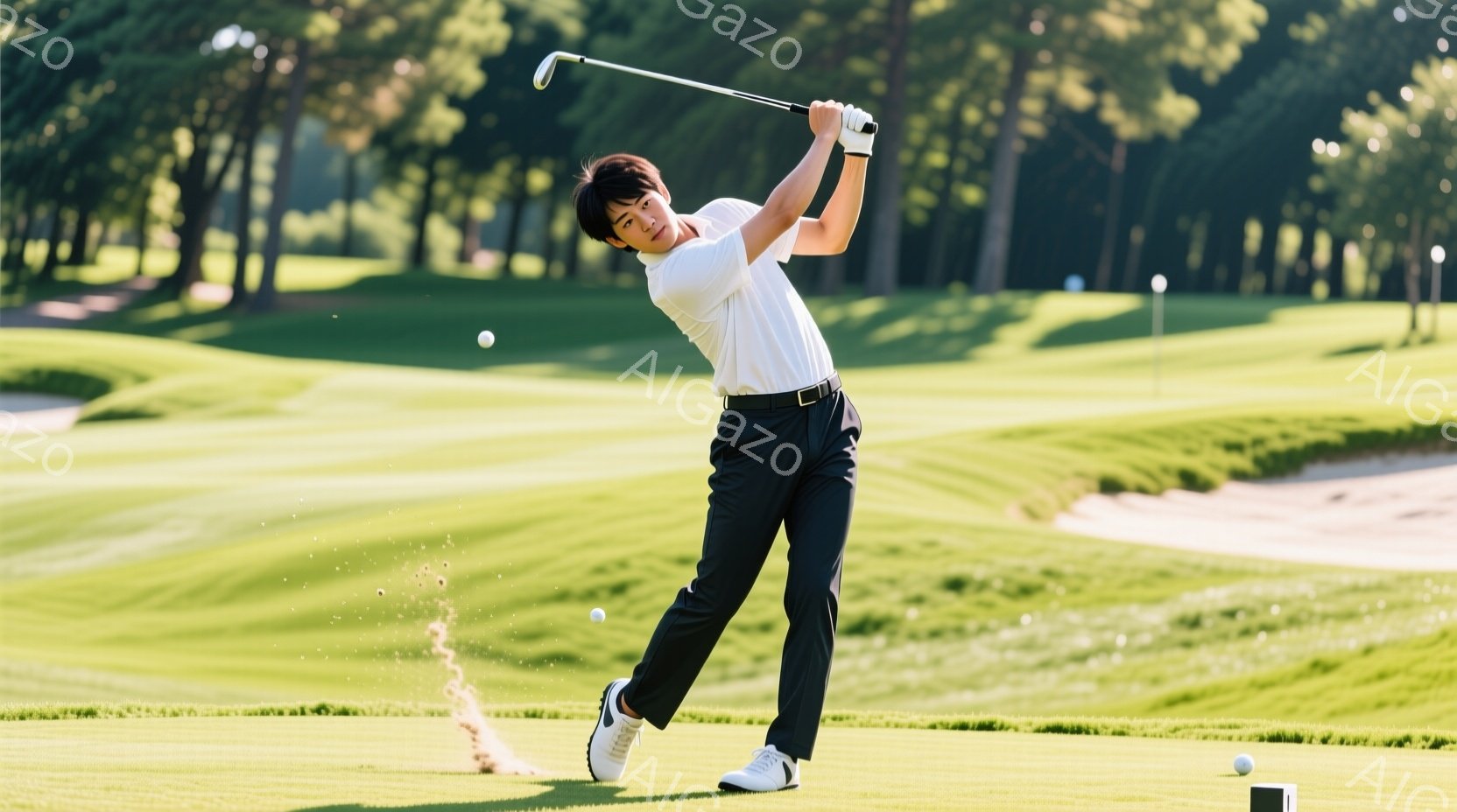若い男性がゴルフのスイングをしている様子が写っている。白のポロシャツと黒のズボンを着用し、髪は短く整えられている。背景には緑豊かなゴルフコースが広がり、晴天の下でプレーを楽しんでいる様子が伺える。 - AI生成フリー素材