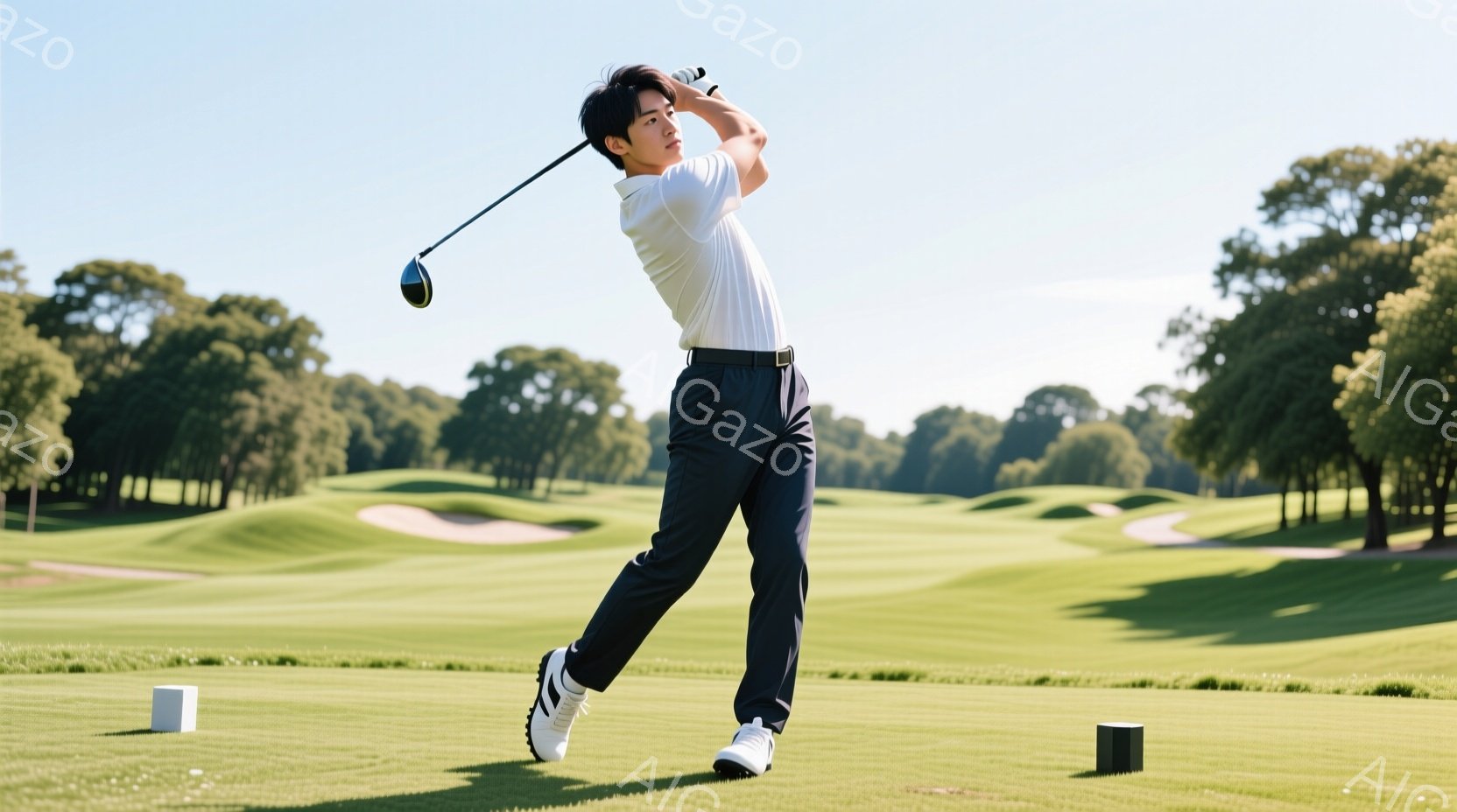 若い男性ゴルファーがスイングの最中に写っている。彼は白いポロシャツに紺色のズボン、白いゴルフシューズを履いており、髪は短く整えられている。背景には緑豊かなゴルフコースが広がり、晴天の下で穏やかな雰囲気 - AI生成フリー素材