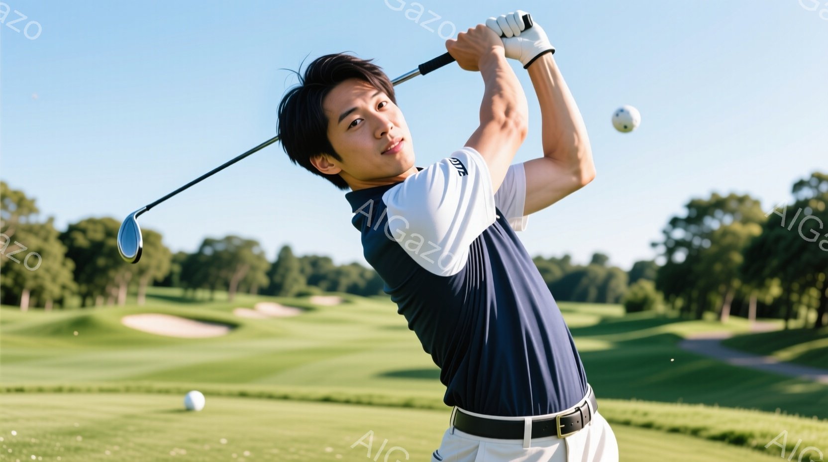 若い男性ゴルファーがスイングの最中に写っている。紺色と白のポロシャツに白のズボンを着用し、黒のベルトが締まっている。背景には緑豊かなゴルフコースが広がり、青空の下、晴天の天候であることがわかる。 - AI生成フリー素材