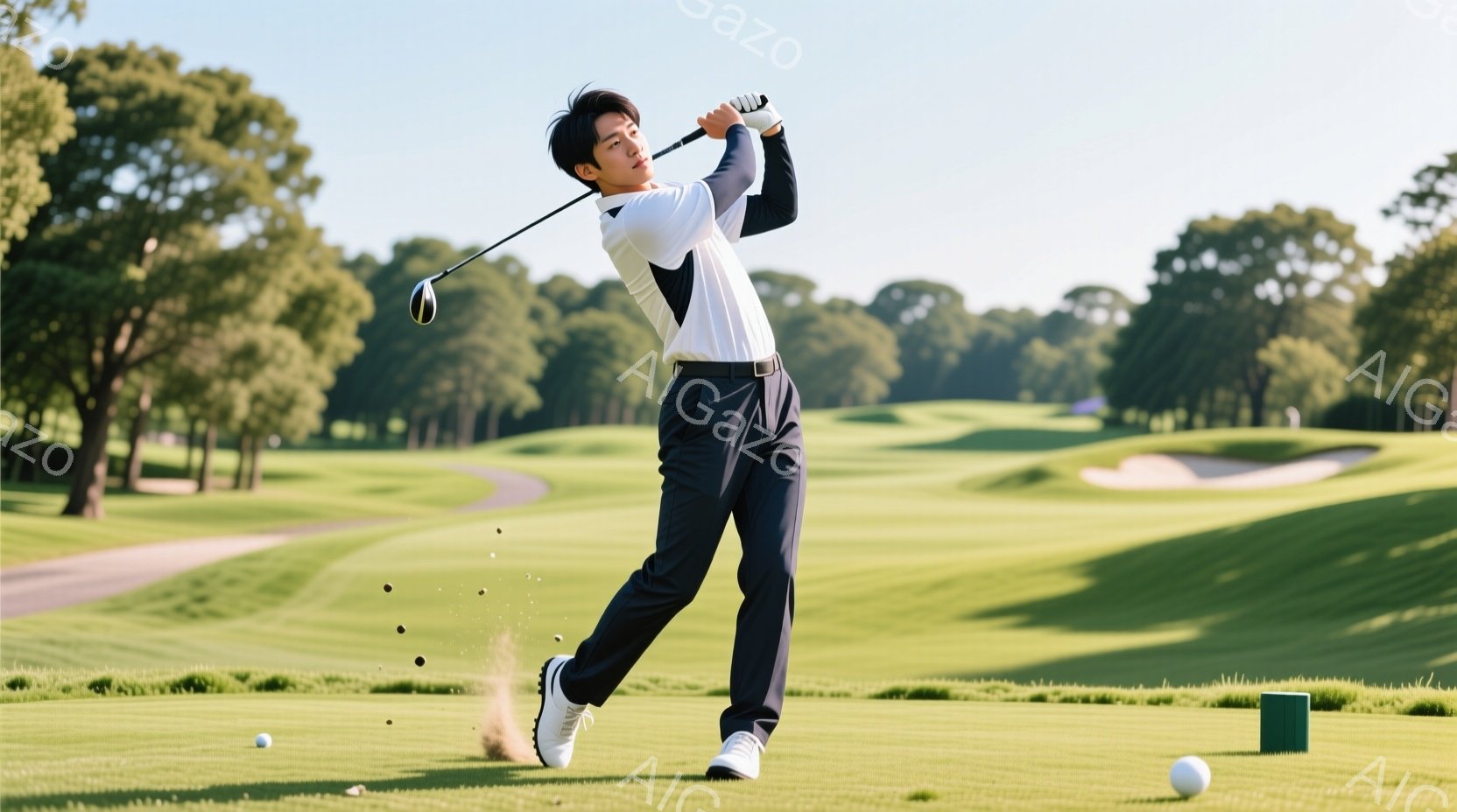 若い男性がゴルフのスイングをしている写真です。彼は白と黒の長袖シャツ、濃い青色のズボン、白いゴルフシューズを着用し、髪は短く整えられています。背景には緑豊かなゴルフコースが広がり、青空と木々が確認でき、晴れた日の爽やかな雰囲気が漂っています。