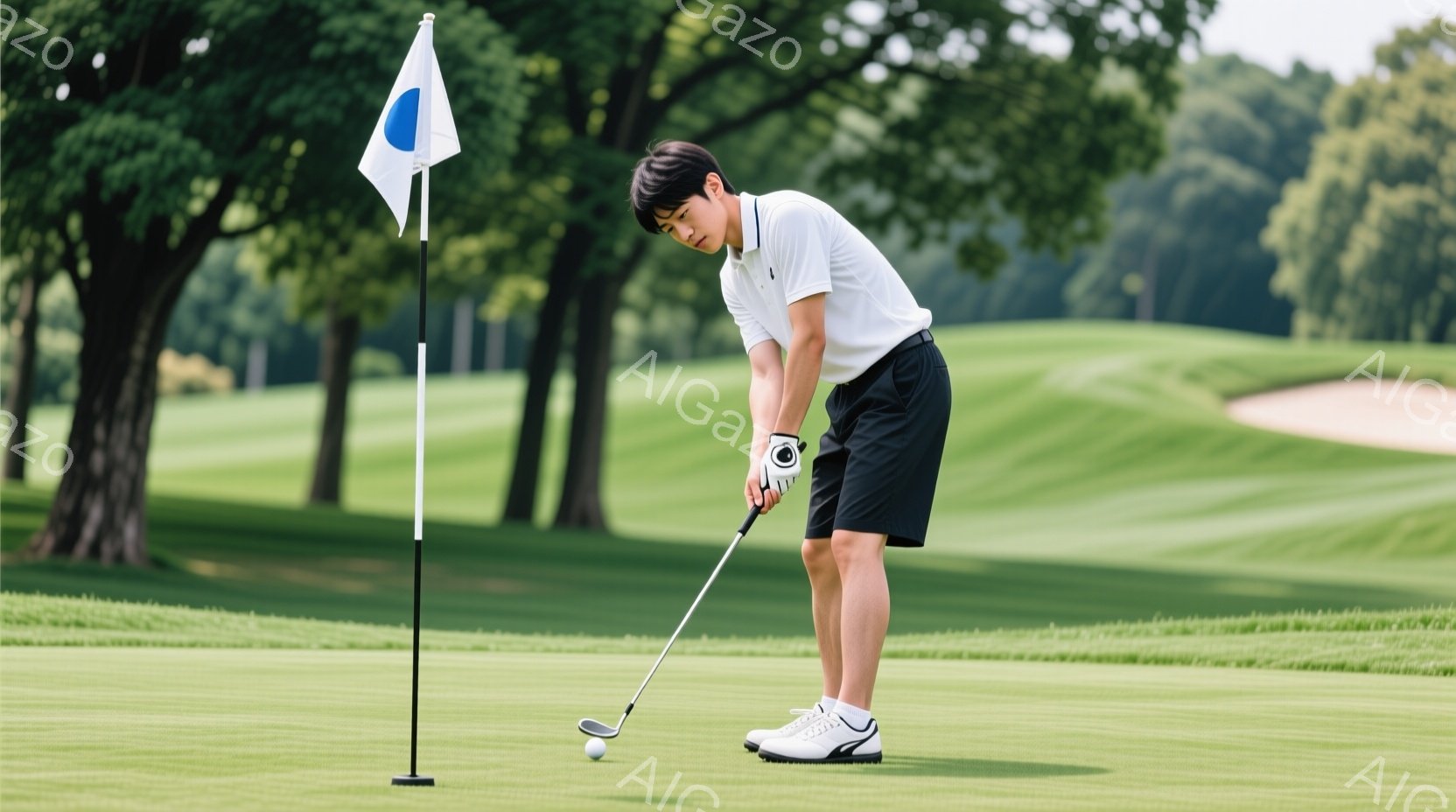 若い男性がゴルフのグリーン上でパットをしている様子が写っている。彼は白いポロシャツと黒いショーツを着用し、ゴルフシューズを履いている。背景には緑豊かなゴルフコースが広がり、旗竿が立っている。 - AI生成フリー素材