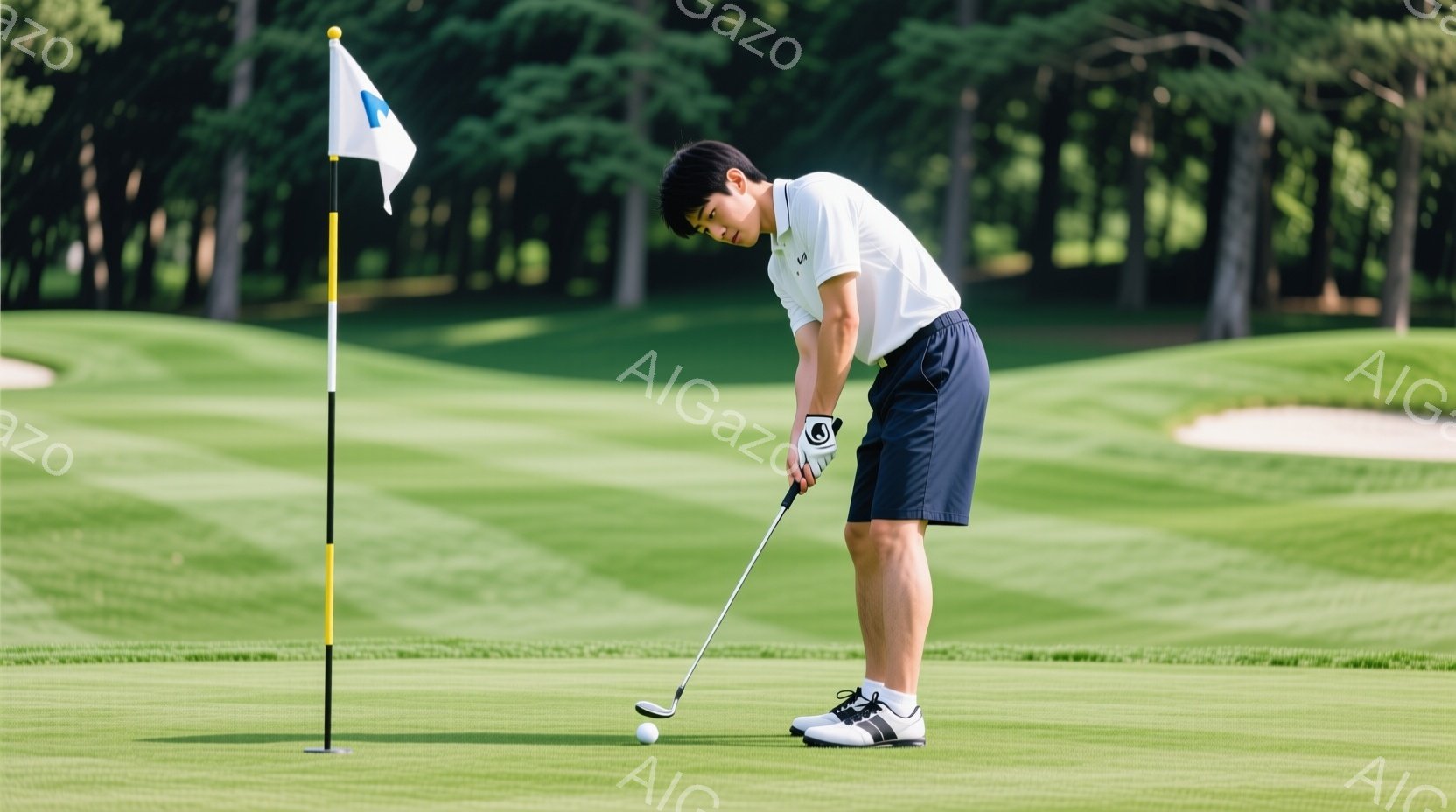 若い男性がゴルフのグリーンでパッティングをしている様子が写っている。彼は白いポロシャツ、紺色のショートパンツ、ゴルフシューズを着用し、黒いヘアスタイルで、集中した表情でボールを見つめている。背景には緑 - AI生成フリー素材