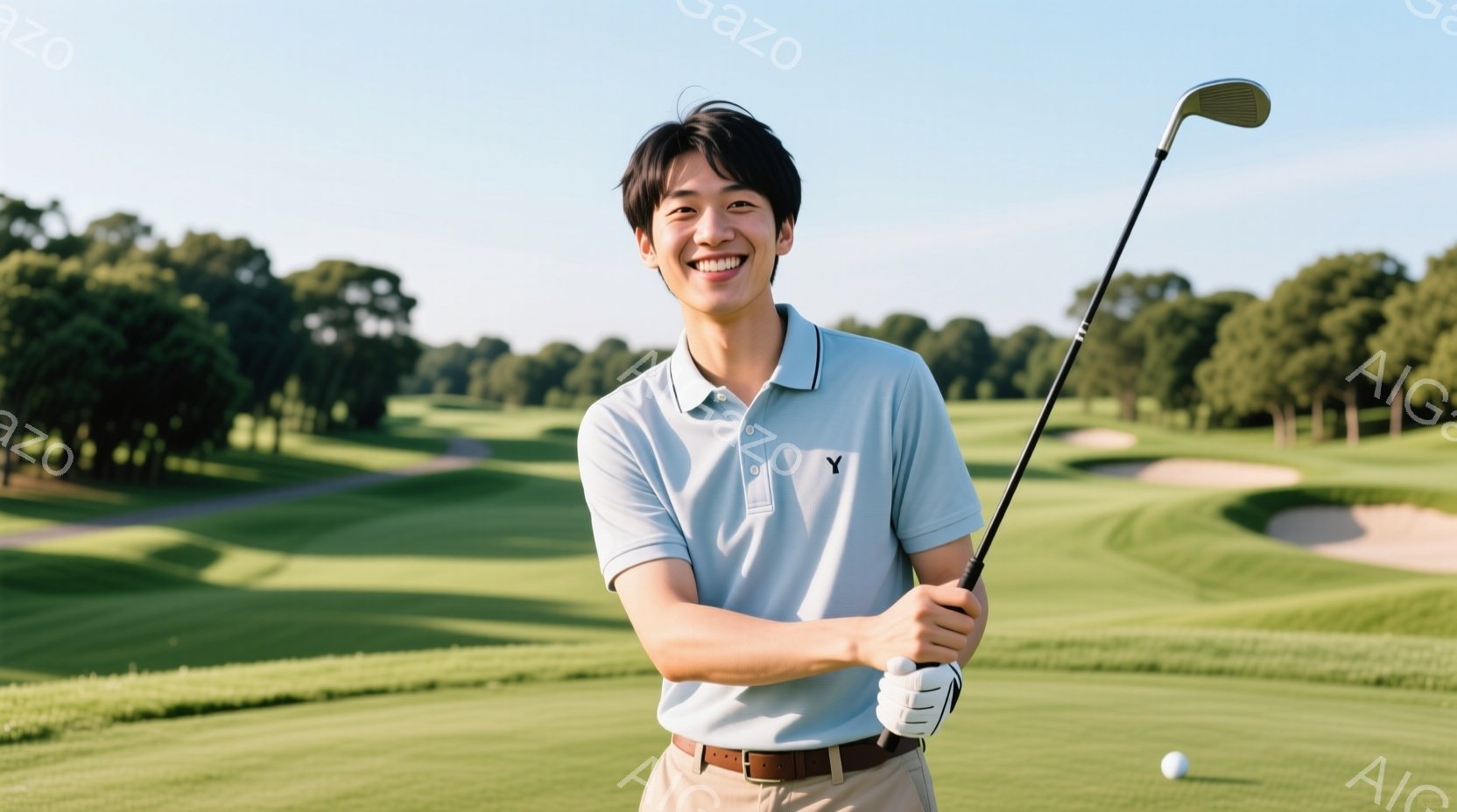 若い男性がゴルフコースで笑顔で立っており、青いポロシャツと茶色のズボンを着用し、ゴルフクラブを構えています。彼の髪は短く整えられており、表情は明るく、自信に満ちています。背景には緑豊かなゴルフコースが - AI生成フリー素材