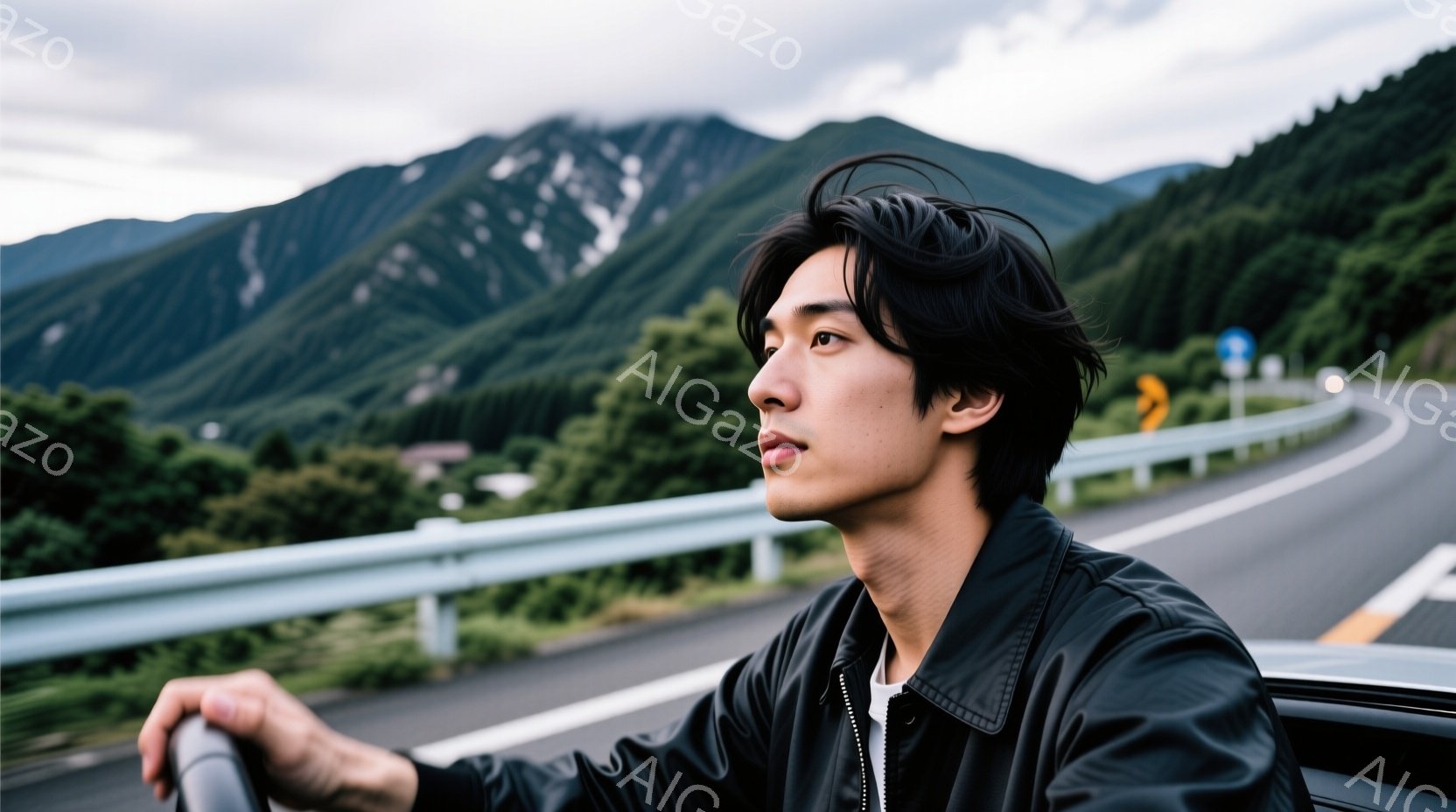 若い男性が、黒い革ジャンを着て運転している様子が写っている。彼は、少し横を向いて遠くを見つめ、落ち着いた表情をしている。背景には緑豊かな山々が広がり、晴天の下、開放的なドライブを楽しんでいる雰囲気が伝わってくる。