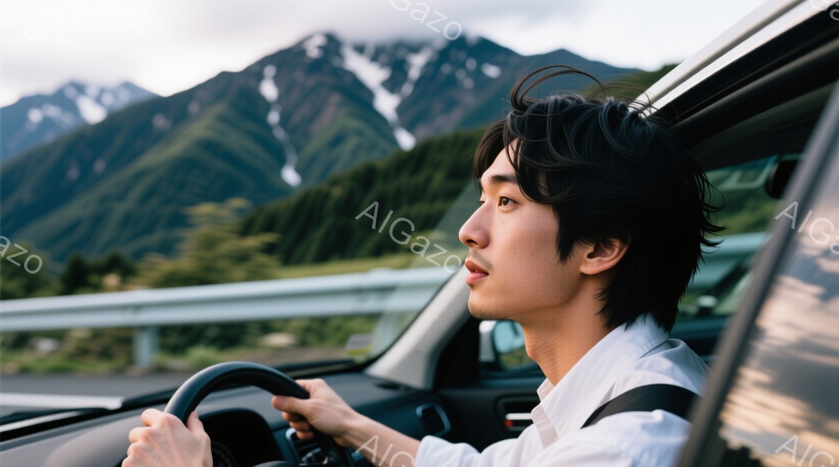 若い男性が運転席で車を運転しており、白いシャツを着ています。彼の髪は黒く、少しウェーブがかかっており、横顔は真剣で前方を注視しています。背景には緑豊かな山々が広がり、晴れた空の下、爽やかなドライブの雰 - AI生成フリー素材
