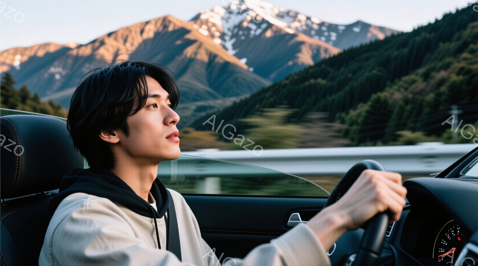 若い男性が運転席でハンドルを握り、遠くの雪山を見つめている。彼はオフホワイトのパーカーを着ており、黒髪は短く整えられている。背景には緑豊かな山々と青空が広がり、晴れた日のドライブの雰囲気が漂っている。 - AI生成フリー素材