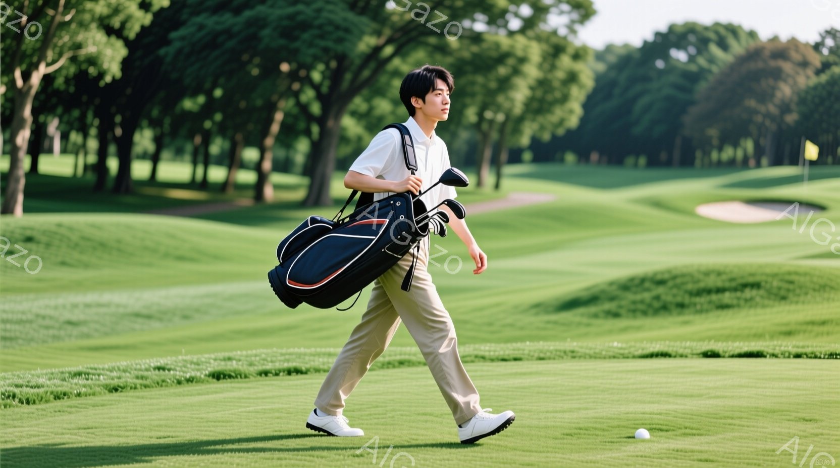 若い男性がゴルフコースを歩いている様子が写っている。彼は白いシャツとベージュのパンツ、白いスニーカーを着用し、肩にゴルフバッグをかけている。背景には緑豊かなゴルフコースが広がり、遠くには旗が立っている - AI生成フリー素材