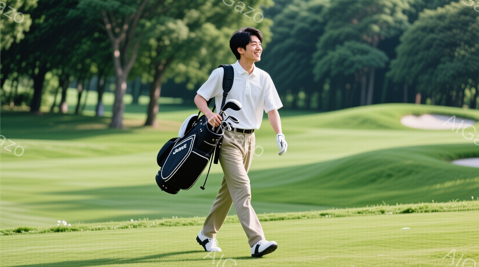 若い男性がゴルフ場を歩いており、白いポロシャツ、ベージュ色のズボン、白いゴルフシューズを着用しています。彼は肩にゴルフバッグをかけ、少し微笑んでおり、活気に満ちた表情をしています。背景には緑豊かなゴル - AI生成フリー素材