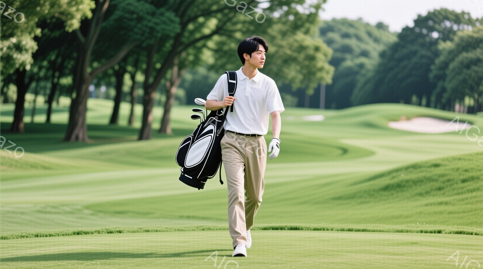若い男性がゴルフコースを歩いている。彼は白いポロシャツにベージュ色のズボンを着用し、肩にゴルフバッグをかけている。背景には緑豊かなゴルフコースが広がり、青空の下、穏やかな雰囲気が漂っている。 - AI生成フリー素材