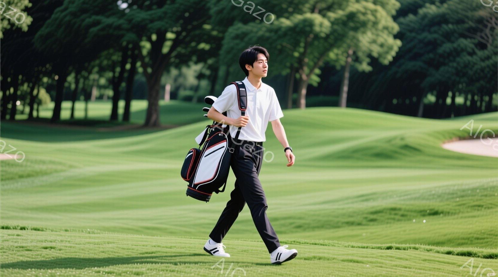 若い男性がゴルフコースを歩いている様子が写っている。彼は白いポロシャツと黒いズボンを着用し、肩にゴルフバッグをかけている。背景には緑豊かなゴルフコースと木々が広がり、晴天の下で爽やかな雰囲気が漂ってい - AI生成フリー素材