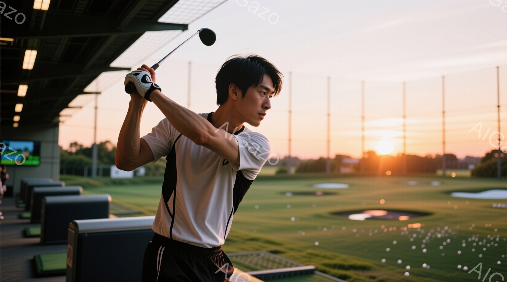 若い男性がゴルフ練習場でスイングしている様子が写っている。白と黒のストライプのシャツと黒いズボンを着用し、真剣な表情でゴルフクラブを振りかぶっている。背景には緑のゴルフコースと、夕焼けに照らされたオレ - AI生成フリー素材