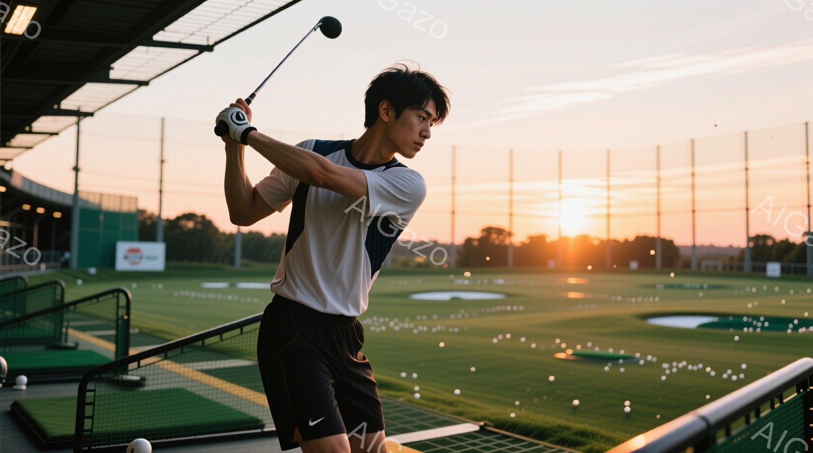 若い男性がゴルフ練習場でスイングしている様子が写っています。彼は白い半袖シャツに黒いショーツ姿で、髪は短く整えられています。背景には夕焼けが広がり、練習場のネット越しにオレンジ色の光が差し込み、練習場全体に穏やかな雰囲気が漂っています。