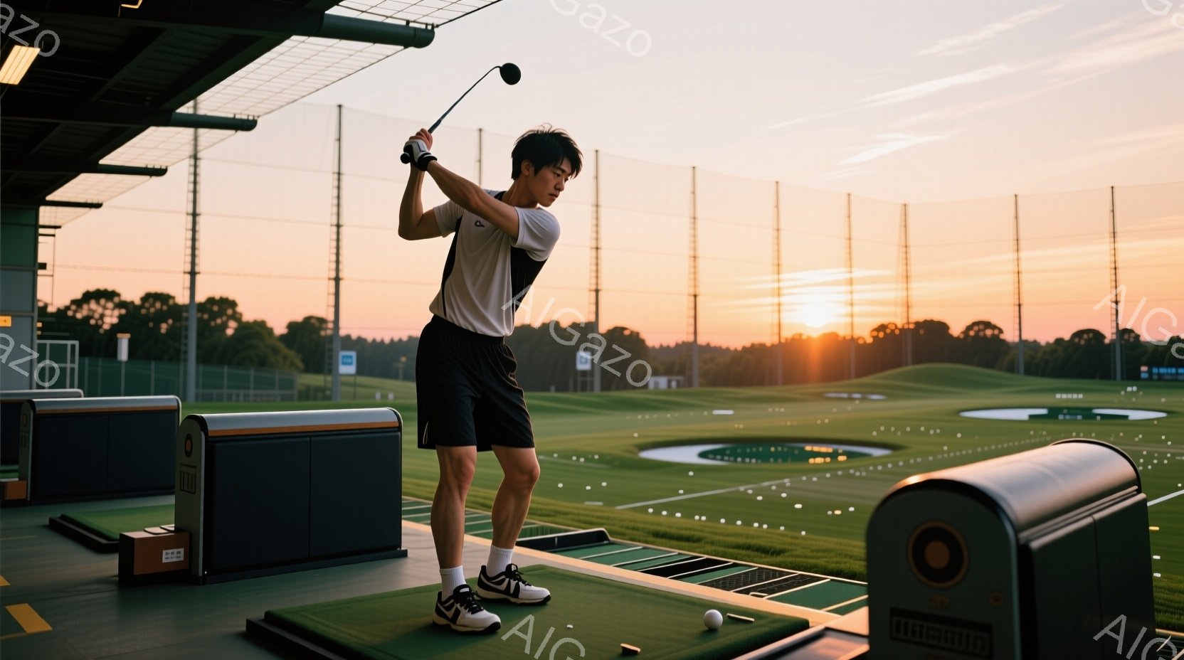 ゴルフ練習場の室内で、若い男性がゴルフスイングをしている様子が写っている。彼は黒のショートパンツと白いポロシャツ姿で、髪型は短髪、スイングに集中した表情をしている。背景にはゴルフコースが広がり、夕焼け - AI生成フリー素材
