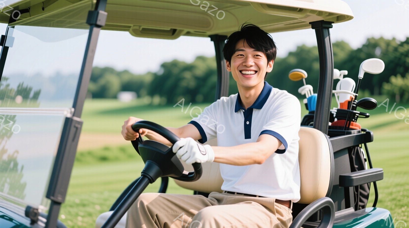 若い男性がゴルフカートを運転しており、白いポロシャツに濃い青色の縁取りが施され、カジュアルな服装をしています。彼は明るい笑顔を見せ、リラックスした姿勢でハンドルを握っています。背景には緑豊かなゴルフコ - AI生成フリー素材