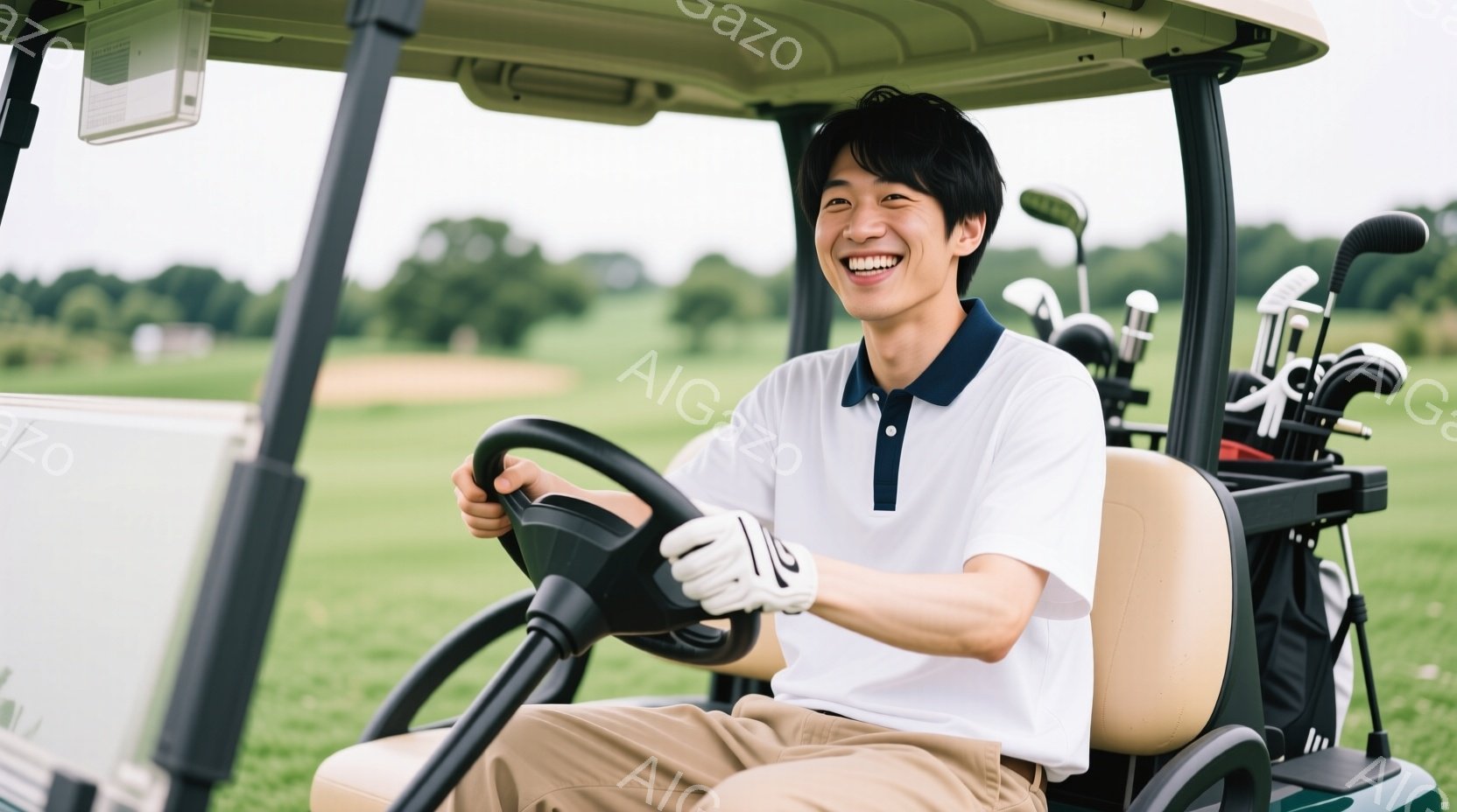 若い男性がゴルフカートを運転しており、白いポロシャツにベージュ色のズボンを着用しています。彼は明るい笑顔を浮かべ、片手にゴルフグローブをはめています。背景には緑豊かなゴルフコースが広がり、晴天の下でリ - AI生成フリー素材