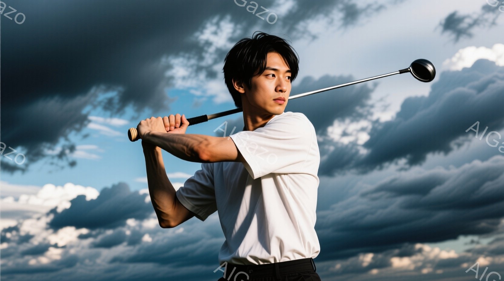 白いシャツに黒いズボンを着用した男性がゴルフのスイングをしている。髪型は短く、表情は真剣で集中している様子が伺える。背景は暗い雲に覆われた空で、ドラマチックな雰囲気を醸し出している。